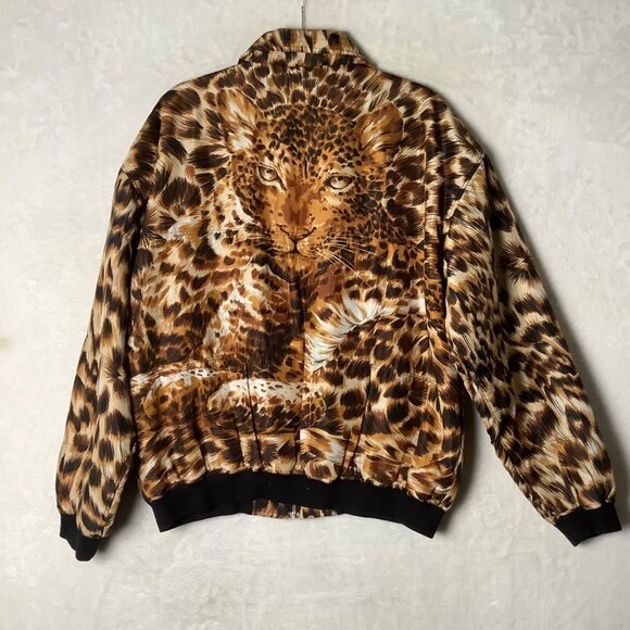 Vtg FUDA International Leopard Cheetah Print Silk Bomber Jacket Women Medium